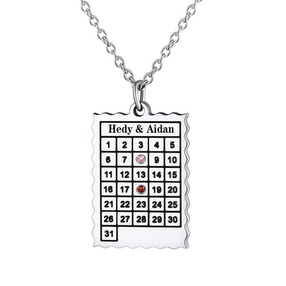 Date Calendar Necklace with 2 Birthstone
