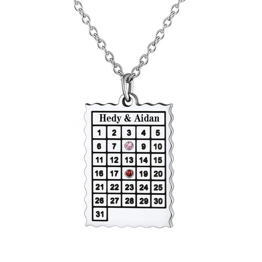 Date Calendar Necklace with 2 Birthstone