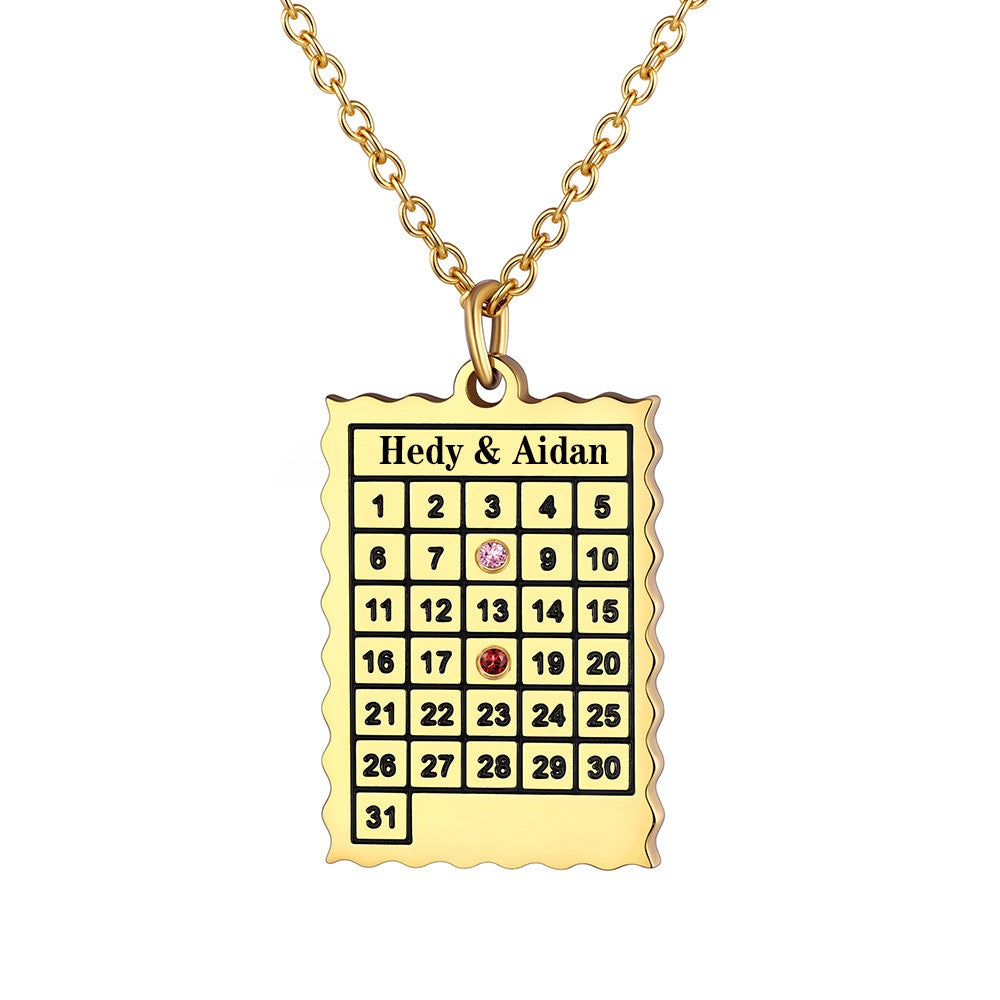 Date Calendar Necklace with 2 Birthstone Gold Plated