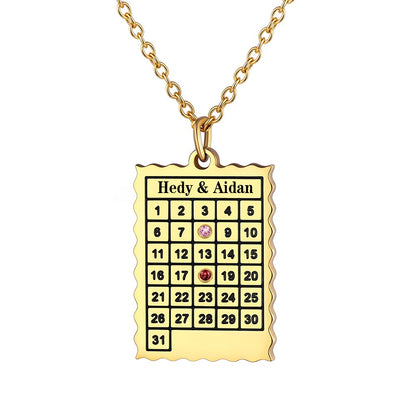 Date Calendar Necklace with 2 Birthstone Gold Plated