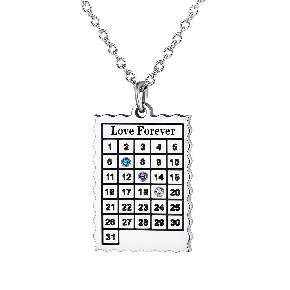 Date Calendar Necklace with 3 Birthstone