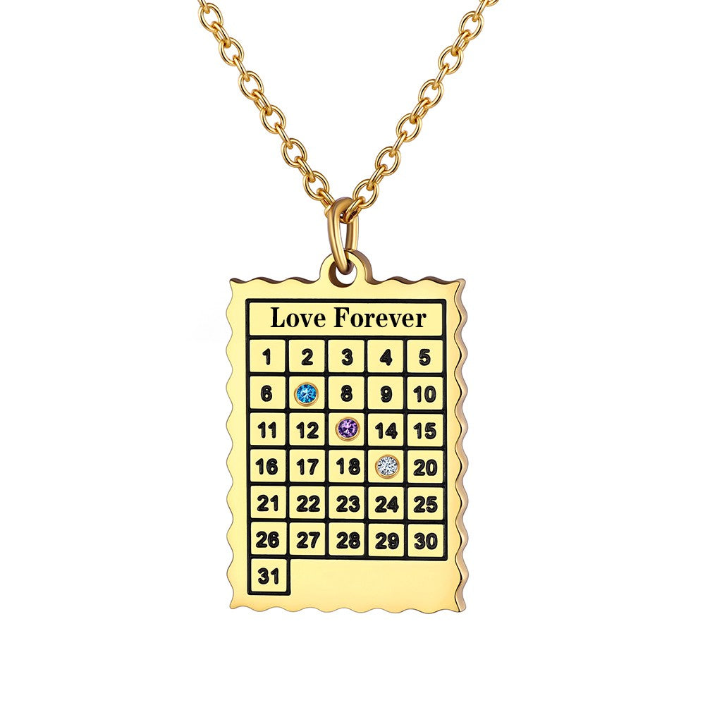 Date Calendar Necklace with 3 Birthstone Gold Plated