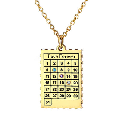 Date Calendar Necklace with 3 Birthstone Gold Plated