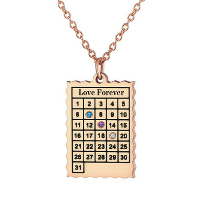 Date Calendar Necklace with 3 Birthstone Rose Gold Plated
