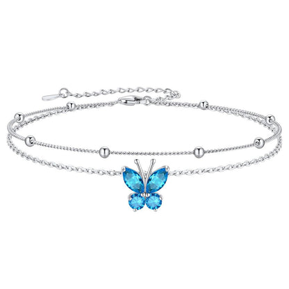 925 Sterling Silver Birthstone Butterfly Layered Anklet For Women