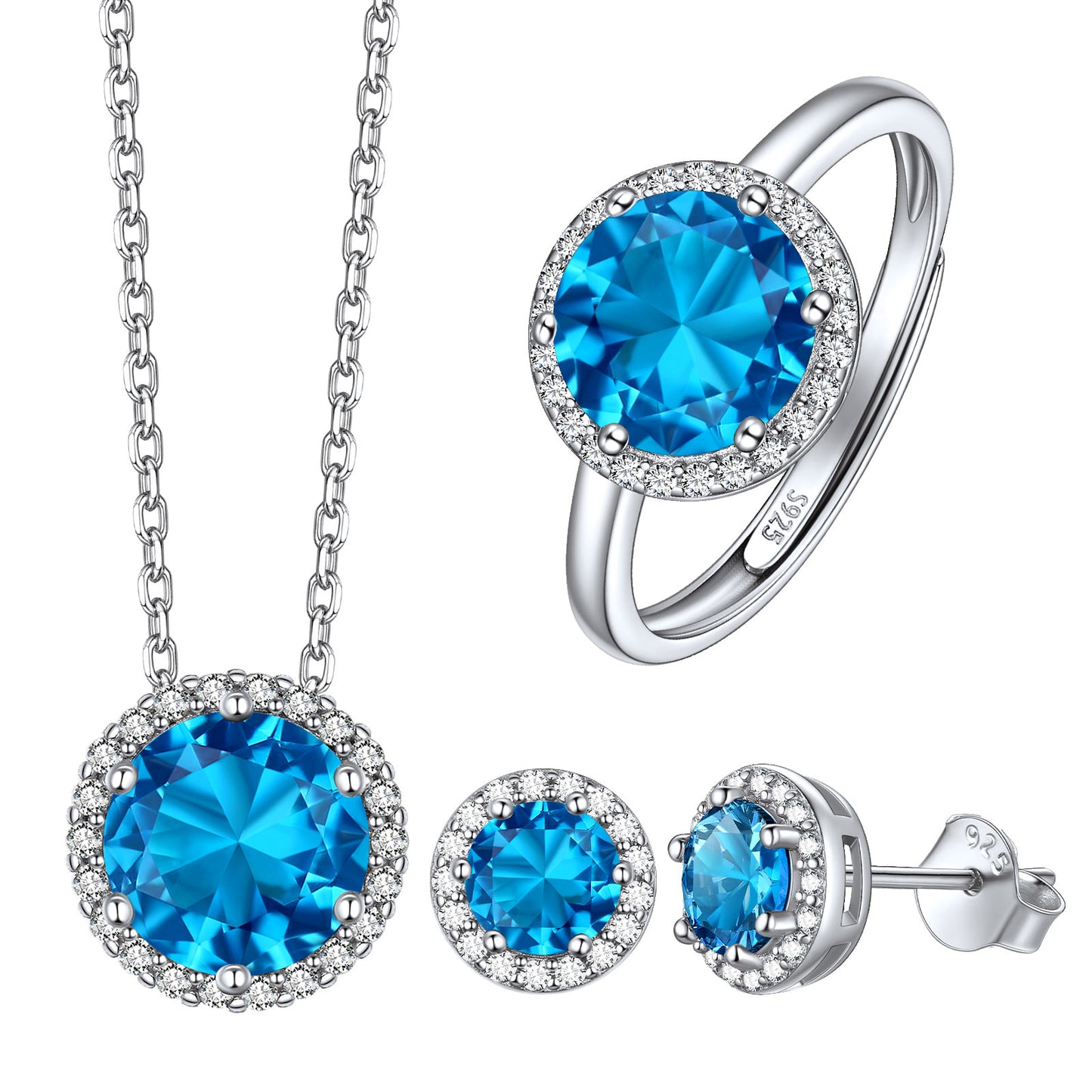 Round Halo Birthstone Jewelry Set