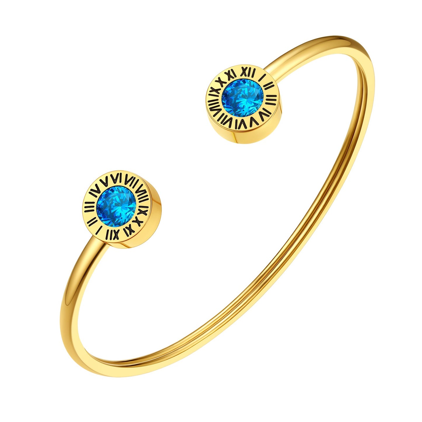 December Roman Numerals Birthstones Cuff Bracelet Gold