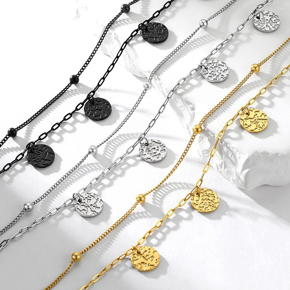 Disc Charm Layered  Paperclip Chain Anklets
