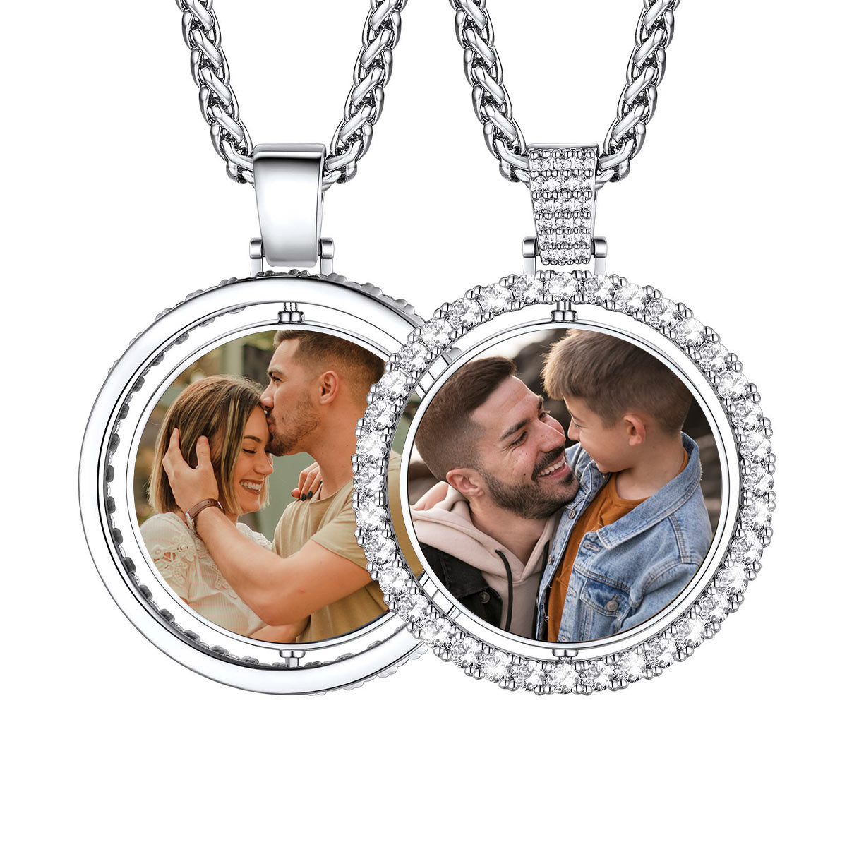 Double Sided CZ Picture necklaces with round pendants featuring family photos on a white Background