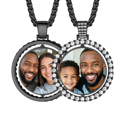 Double Sided Circle Picture Pendant Necklace Black Plated