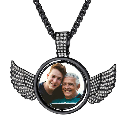 Black Angel Wings Rotatable Photo Necklace