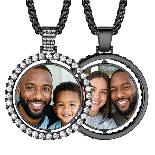Double Sided black Cubic Zirconia Picture necklaces with round pendants featuring family photos on a white Background