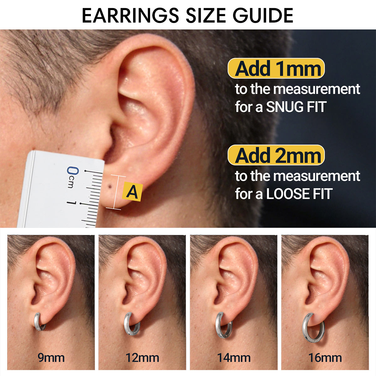 Earring size guide infographic showing a close-up of an ear with a measuring ruler and text instructions for snug and loose fit measurements, plus four smaller ear views labeled 9mm, 12mm, 14mm, and 16mm.