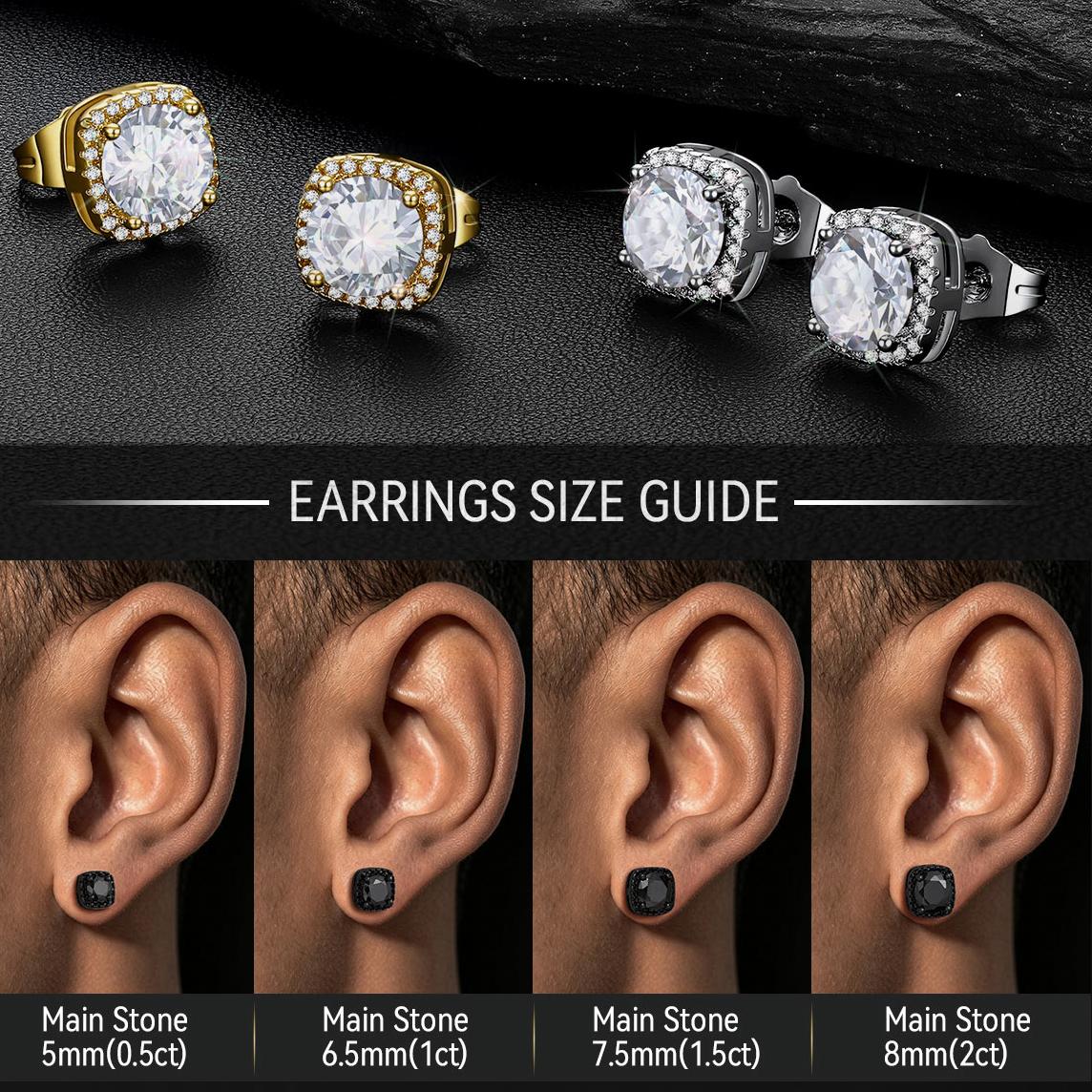 Earring size guide showing four ear stud options labeled 5mm, 6.5mm, 7.