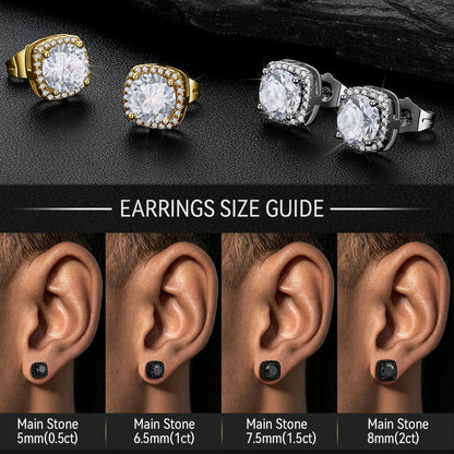 Earring size guide showing four ear stud options labeled 5mm, 6.5mm, 7.