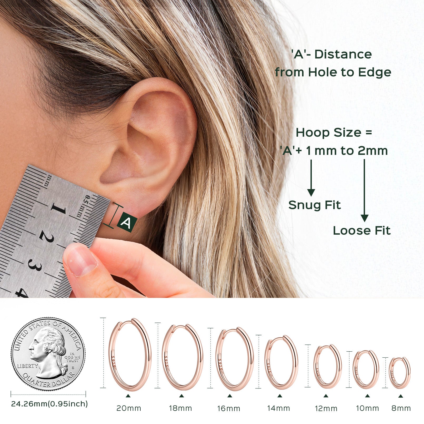 Earring size guide with measurements and a ruler for comparison.
