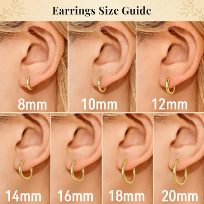 Earrings size guide showing different hoop sizes on an ear.