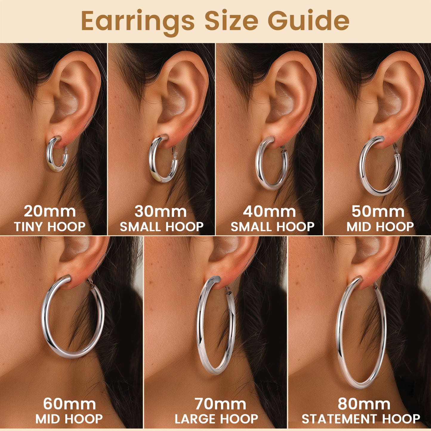 Earrings size guide showing hoop earrings of different sizes on ears.