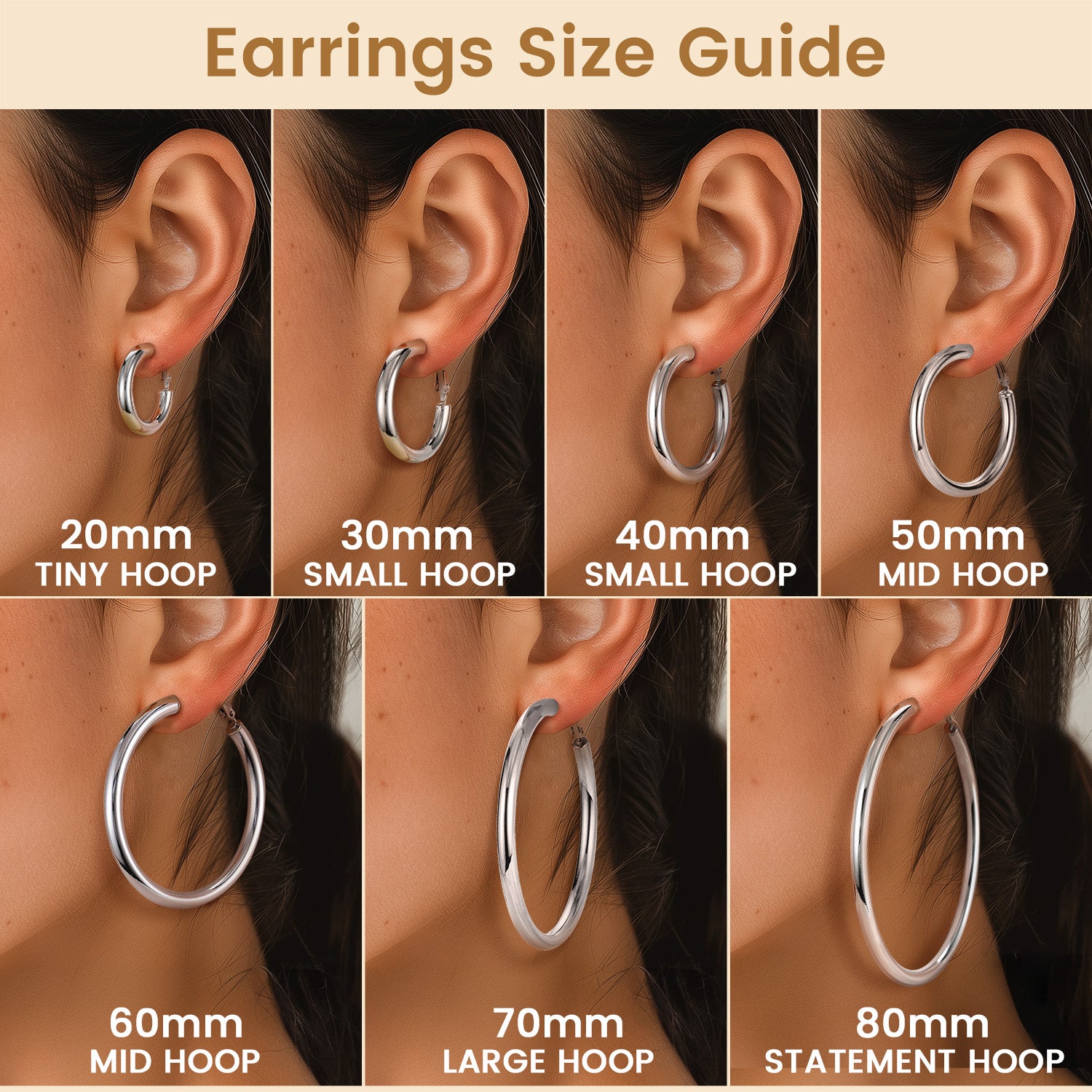 Earrings size guide showing hoop earrings of different sizes on ears.