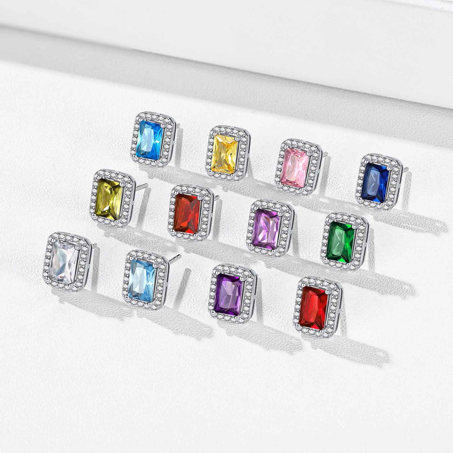 Emerald Cut Halo Birthstone Earrings