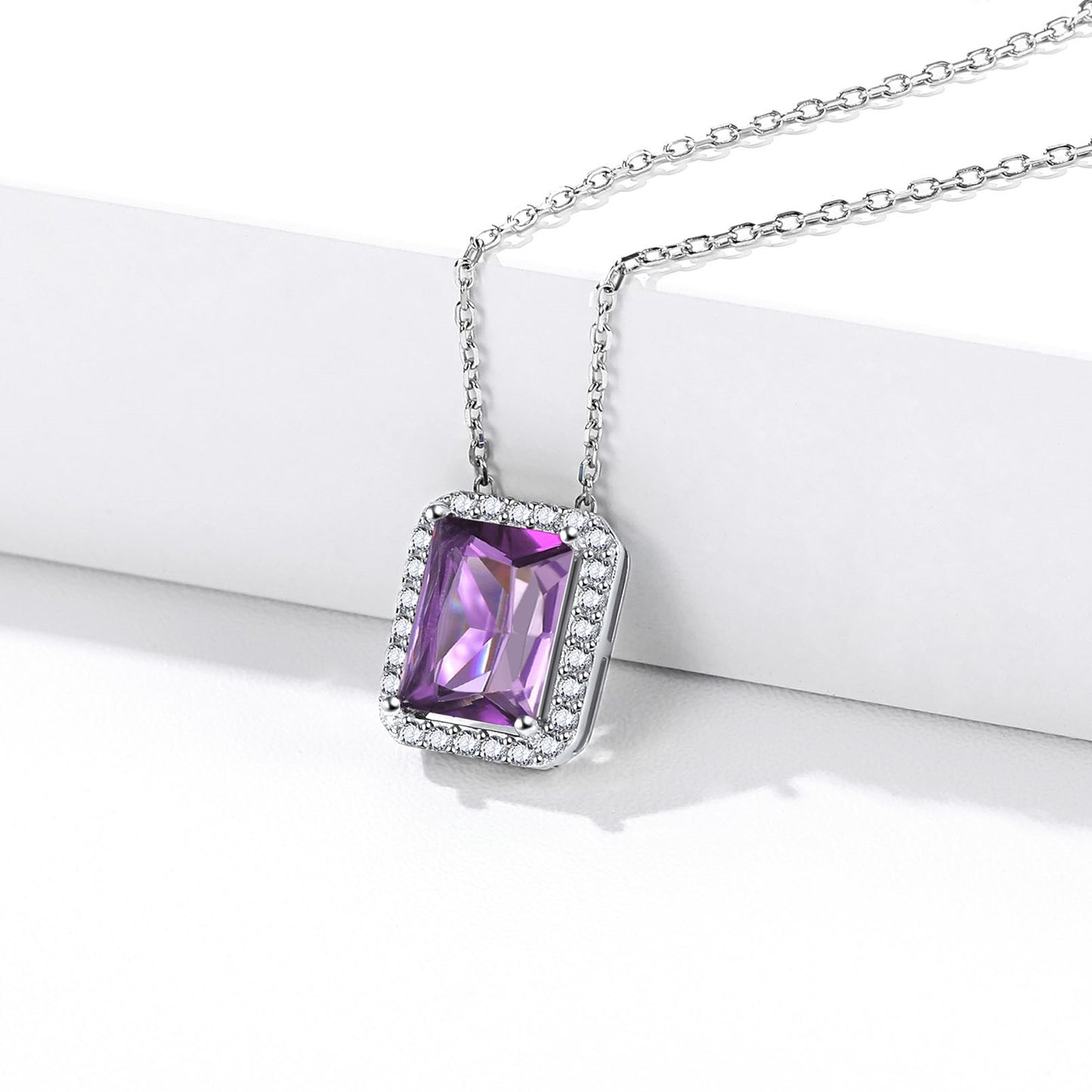 Emerald Cut Halo Birthstone Necklace