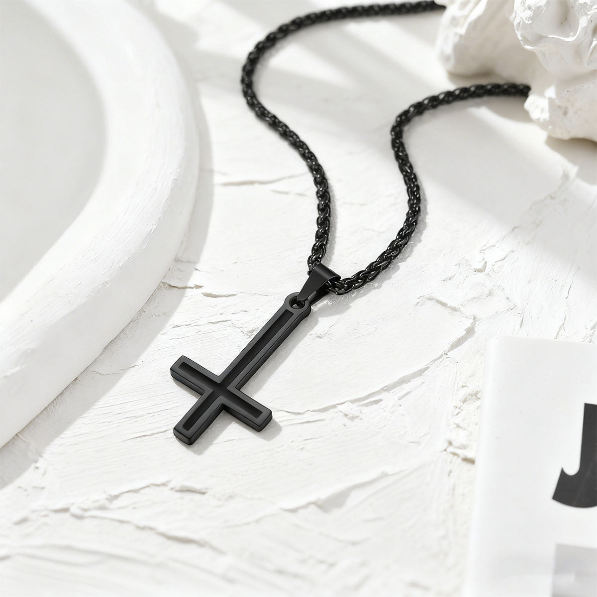 Enamel Inverted Cross Necklace Black Plated