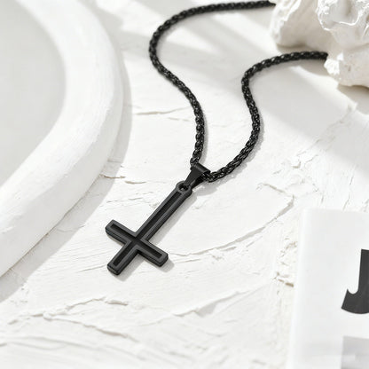 Enamel Inverted Cross Necklace Black Plated