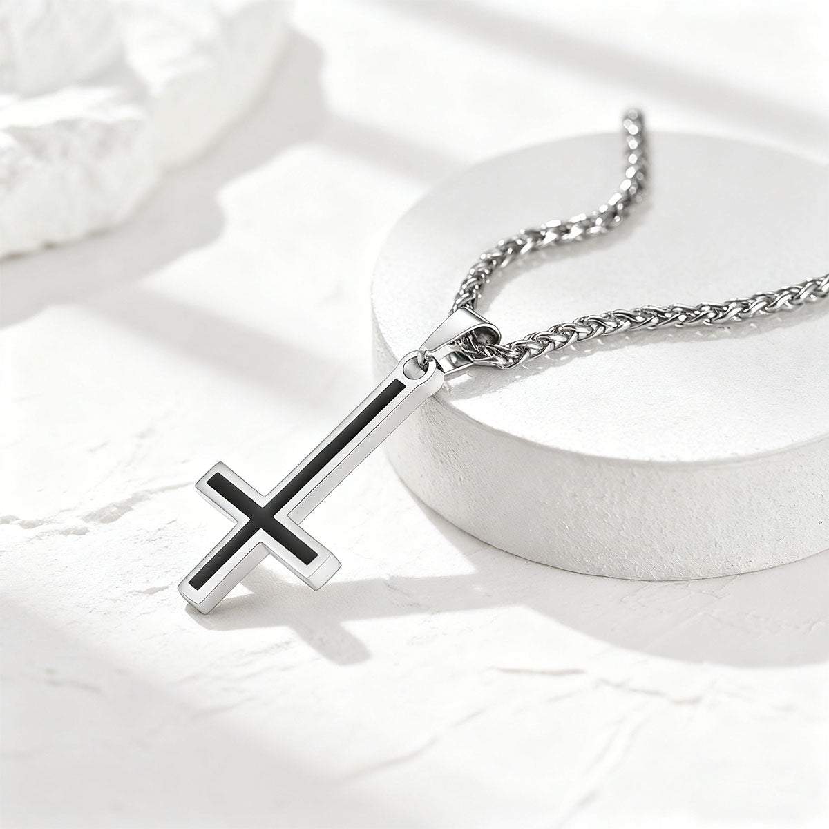 Enamel Inverted Cross Necklace in Black Plated