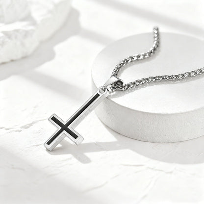 Enamel Inverted Cross Necklace in Black Plated