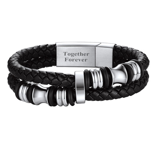 Engravable Mens Leather Bracelet with Stainless Steel Clasp