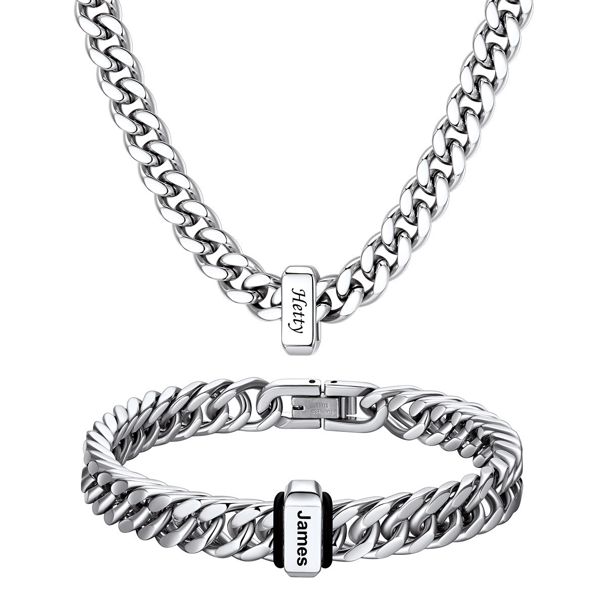  Engraved 1 Names Cuban Link Necklace & Bracelet Set
