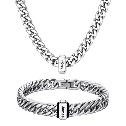  Engraved 1 Names Cuban Link Necklace & Bracelet Set