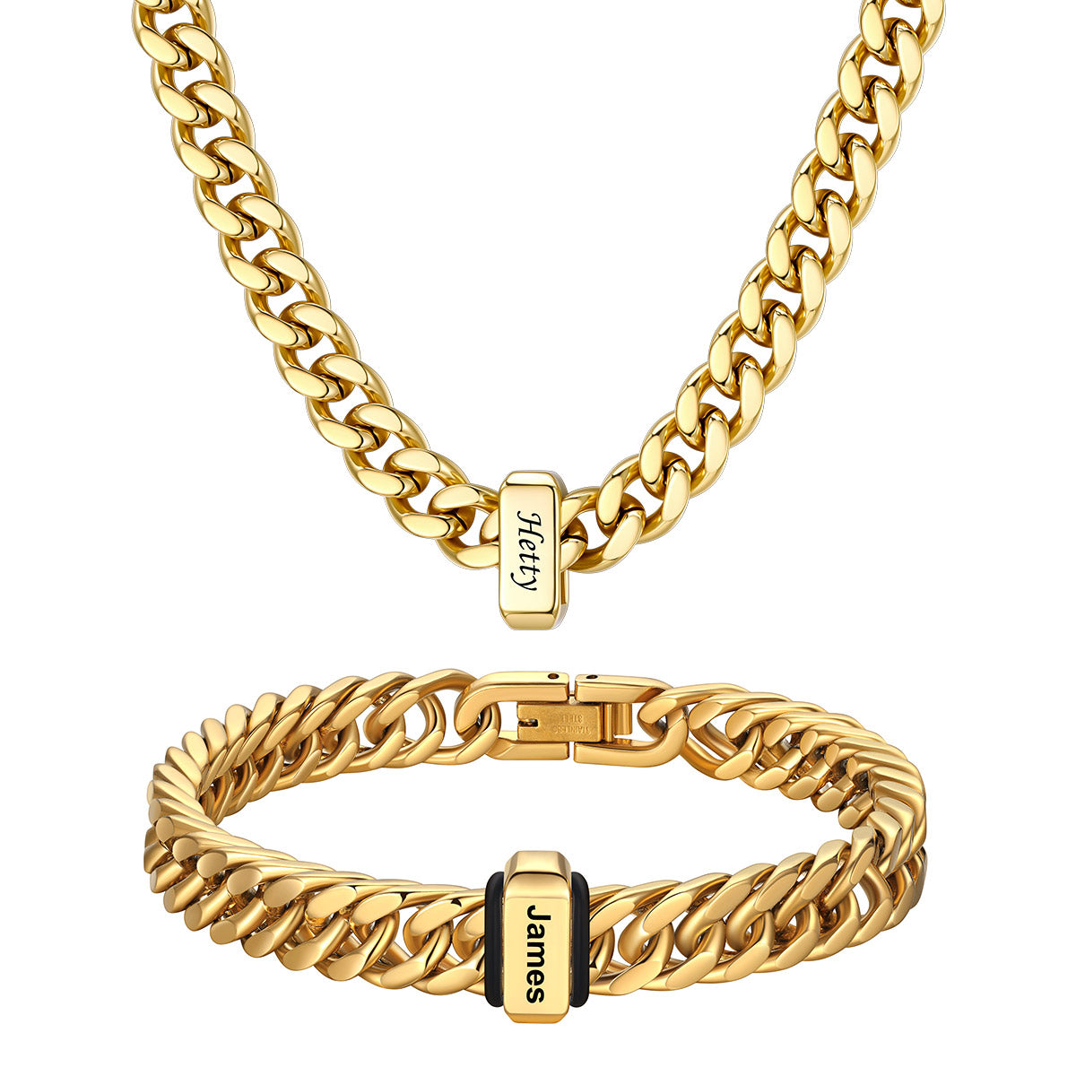  Engraved 1 Names Cuban Link Necklace & Bracelet Set Gold Plated