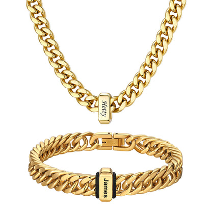  Engraved 1 Names Cuban Link Necklace & Bracelet Set Gold Plated