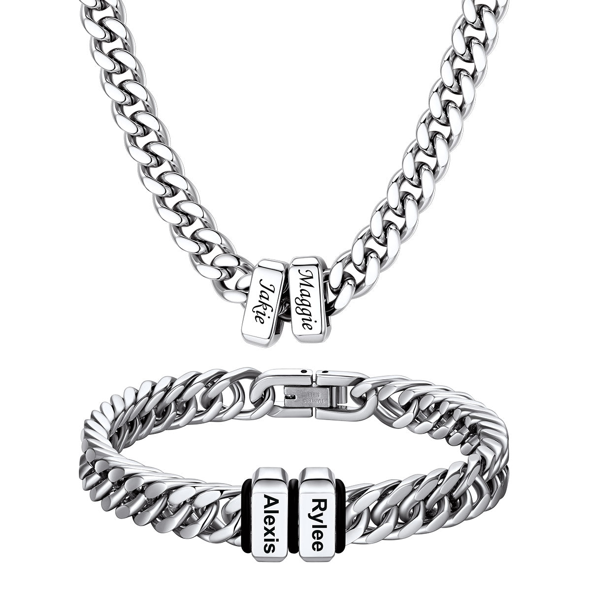  Engraved 2 Names Cuban Link Necklace & Bracelet Set