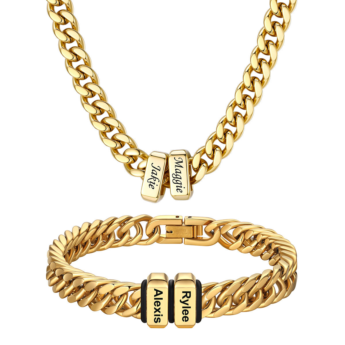  Engraved 2 Names Cuban Link Necklace & Bracelet Set Gold Plated