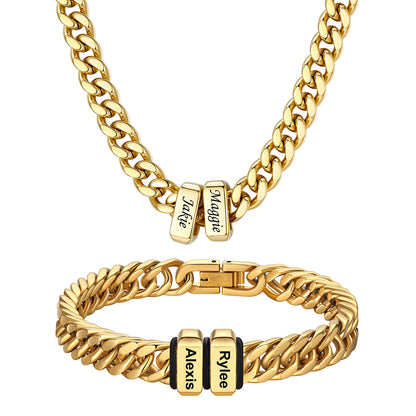  Engraved 2 Names Cuban Link Necklace & Bracelet Set Gold Plated