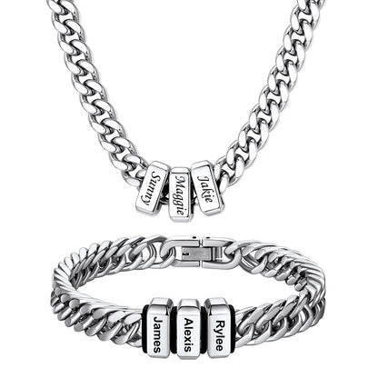  Engraved 3 Names Cuban Link Necklace & Bracelet Set