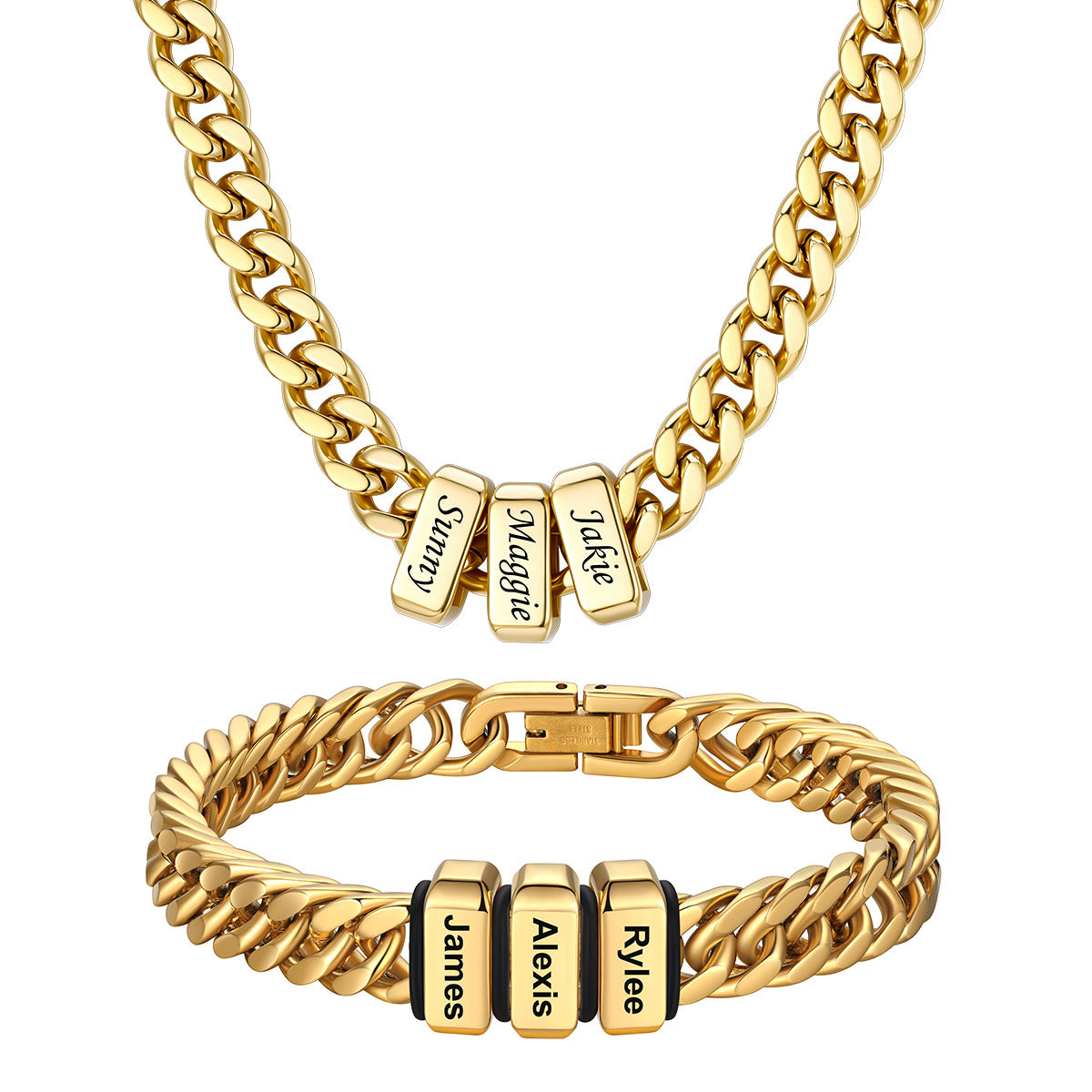  Engraved 3 Names Cuban Link Necklace & Bracelet Set Gold Plated