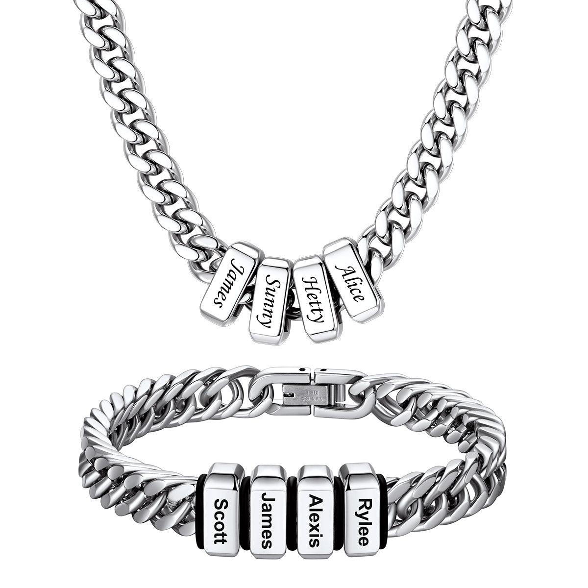 Engraved 4 Names Cuban Link Necklace & Bracelet Set