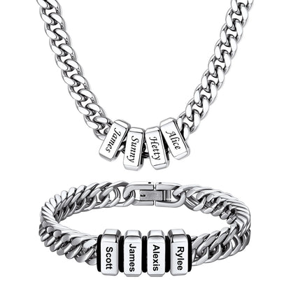  Engraved 4 Names Cuban Link Necklace & Bracelet Set