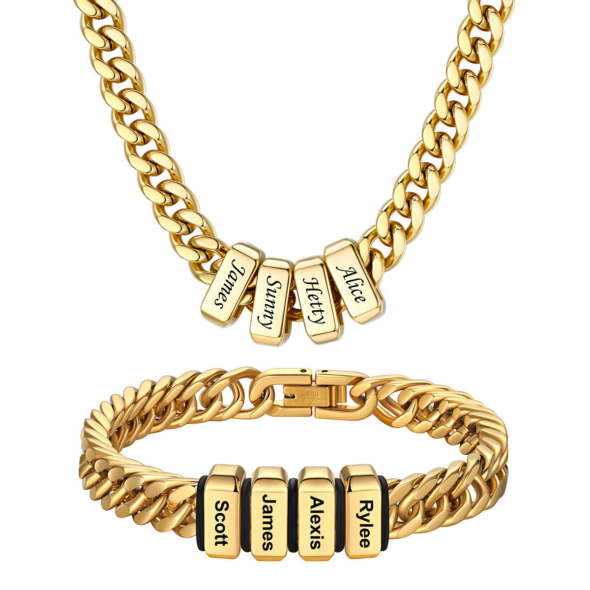  Engraved 4 Names Cuban Link Necklace & Bracelet Set Gold Plated