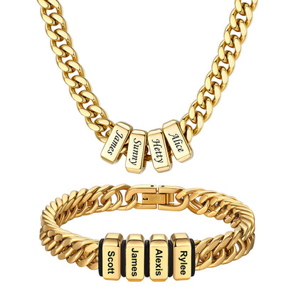  Engraved 4 Names Cuban Link Necklace & Bracelet Set Gold Plated