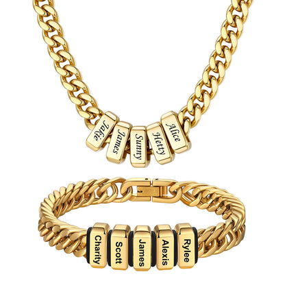  Engraved 5 Names Cuban Link Necklace & Bracelet Set Gold Plated