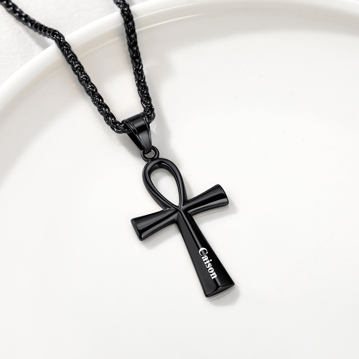 Engraved Ankh Cross Necklace Black Plated