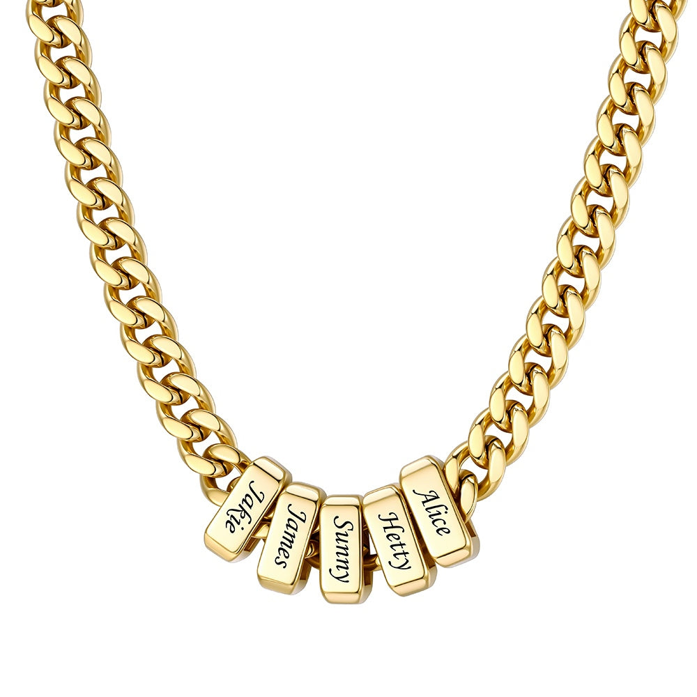 Engraved Charm 6 Name Cuban Link Necklace Gold 