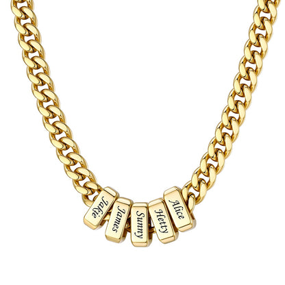 Engraved Charm 6 Name Cuban Link Necklace Gold 