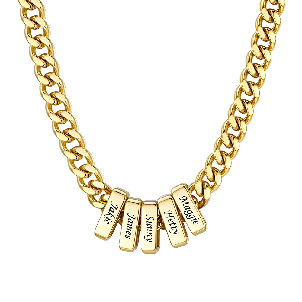 Engraved Charm 6 Name Cuban Link Necklace Gold  9MM
