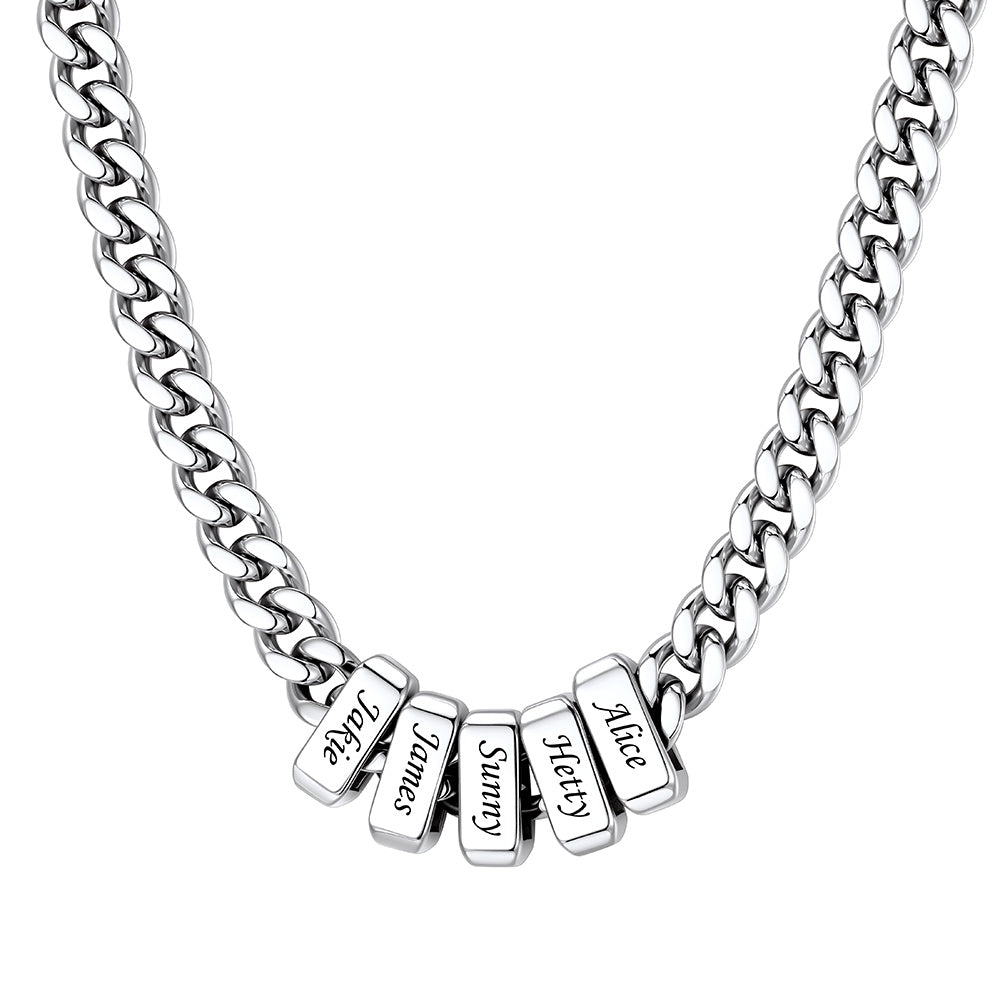 Engraved Charm 6 Name Cuban Link Necklace Steel 9MM