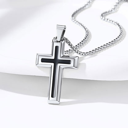 Engraved Dripping Oil Cross Necklace Stainless Steel